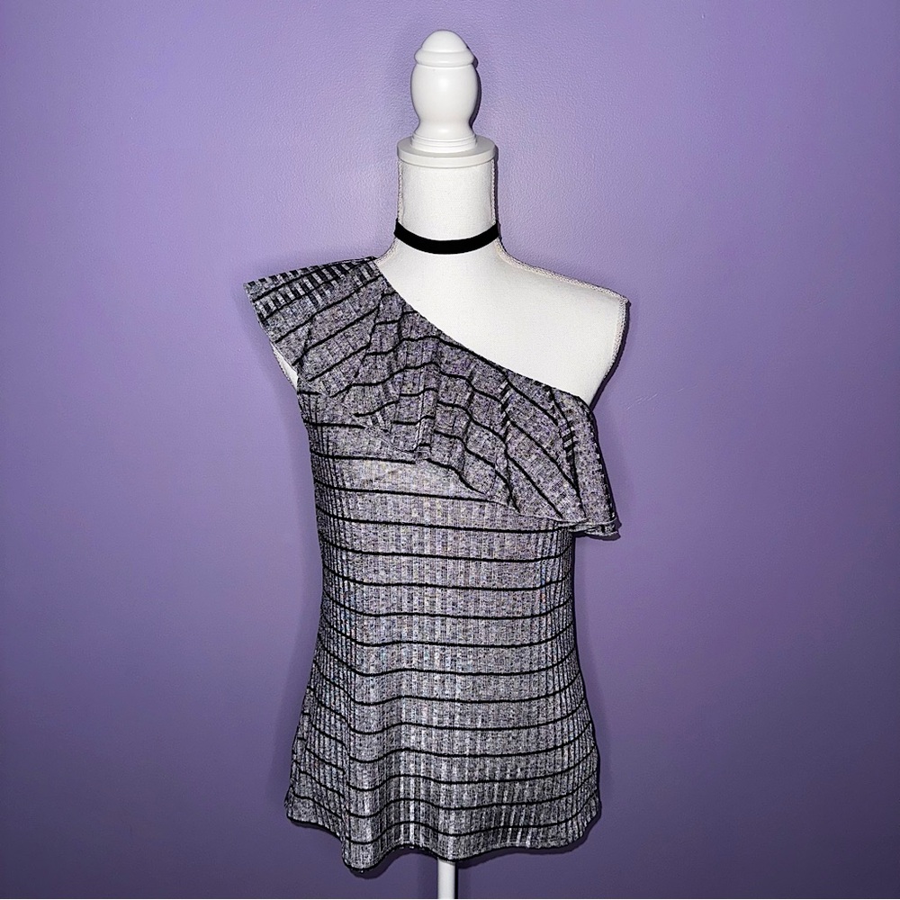NEW Juicy Couture Gray and Black One-Shoulder Striped Top